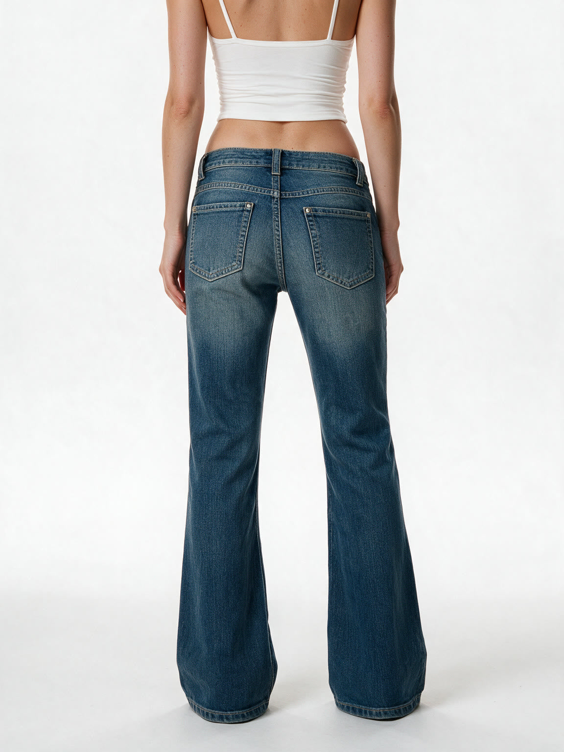 Blue wide leg jeans with a crystal set waistband