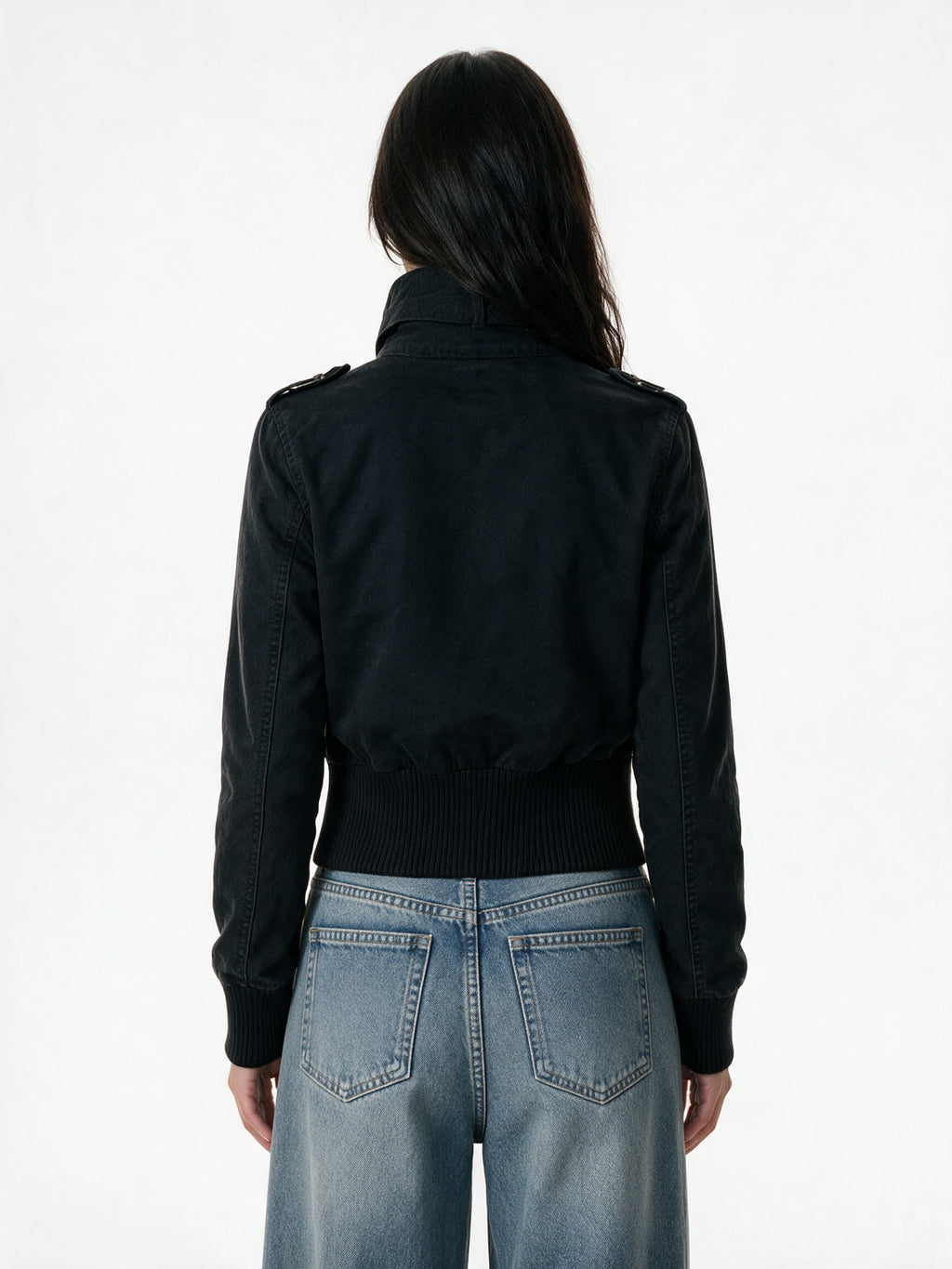 Cropped black stand collar safari jacket