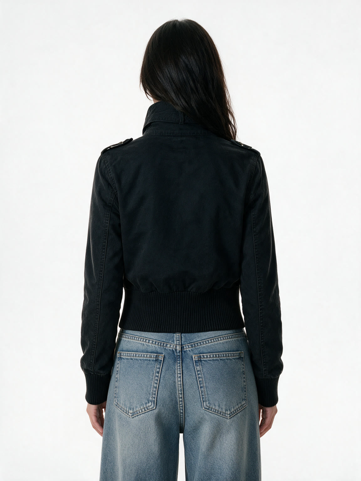 Cropped black stand collar safari jacket