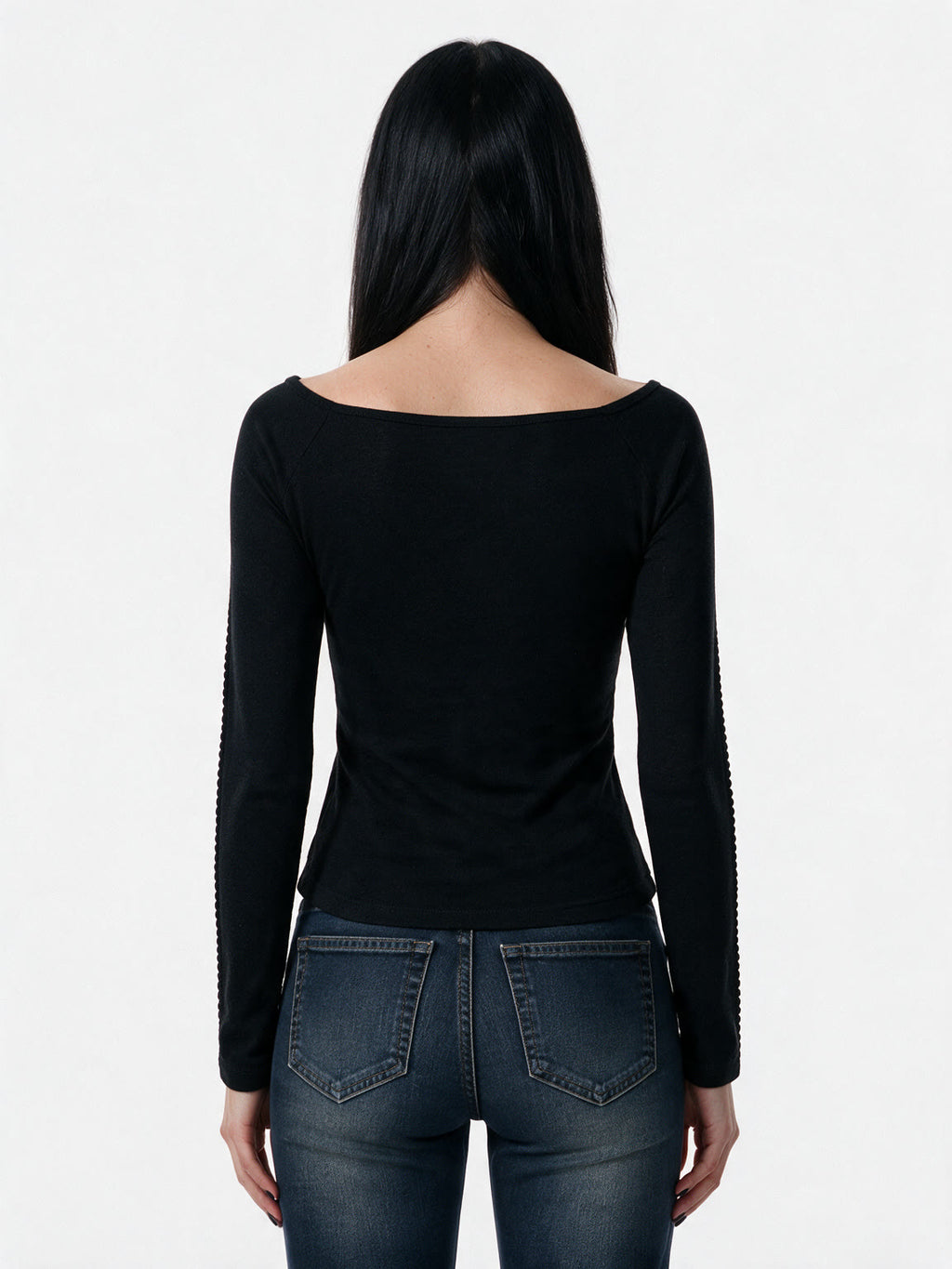 Black long sleeve top with a beaded cut out front