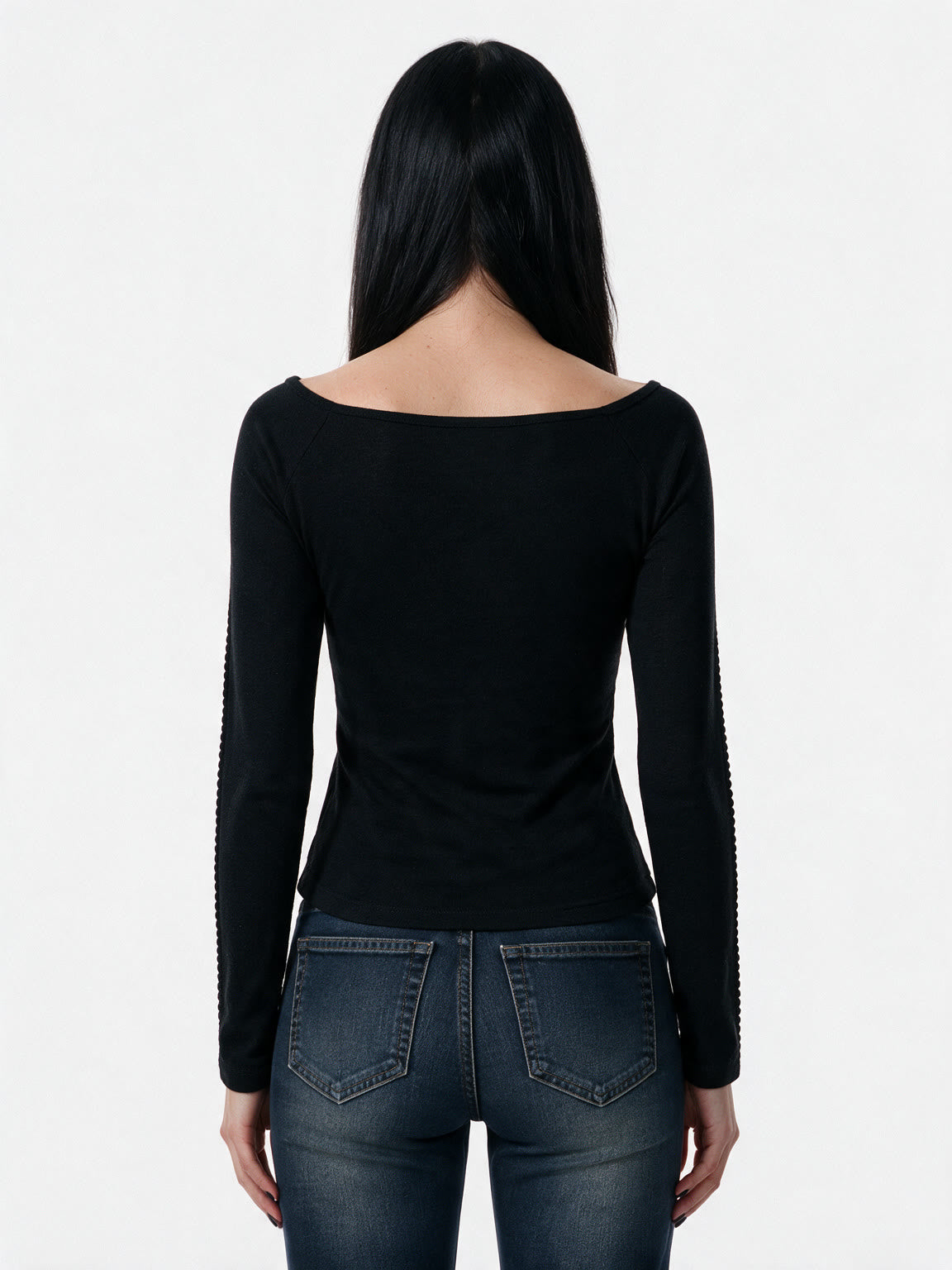 Black long sleeve top with a beaded cut out front