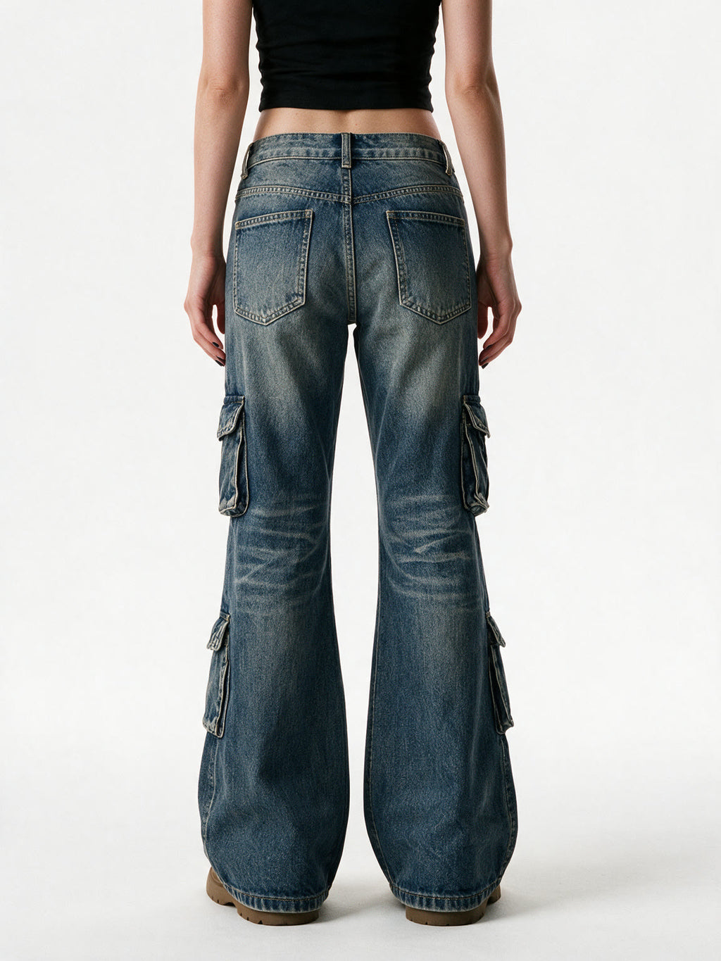 Washed blue cargo flare jeans with thigh pockets