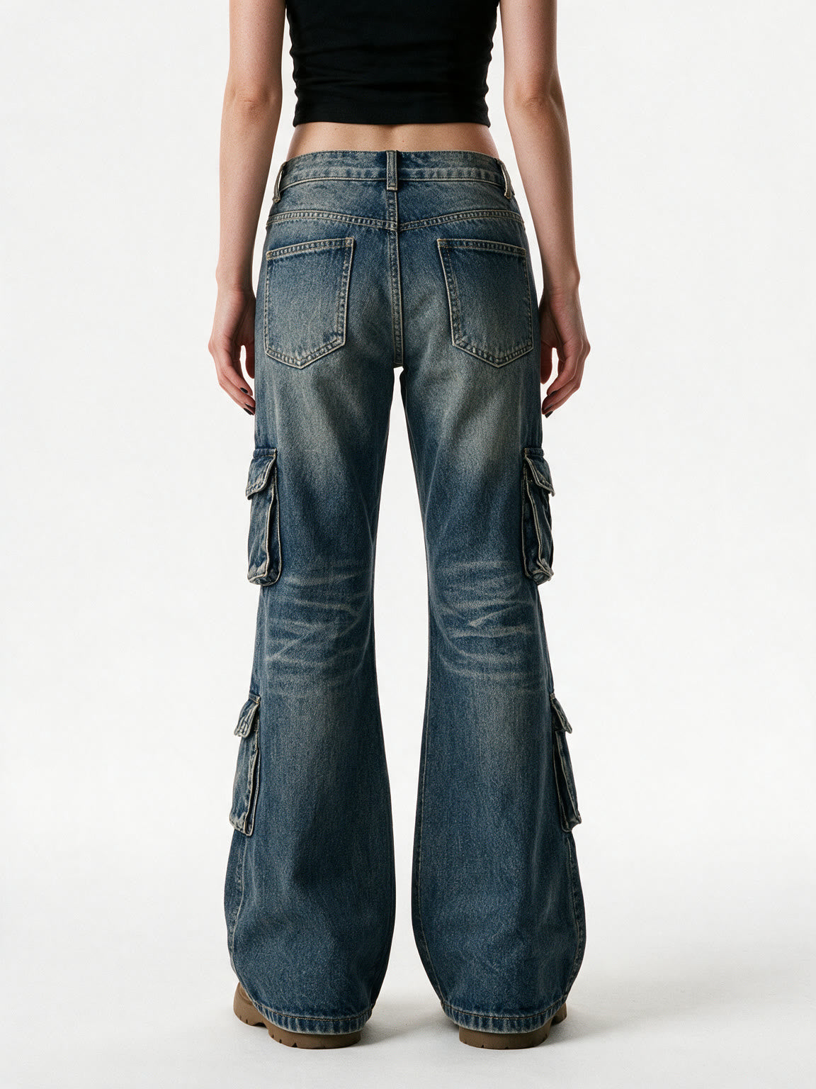 Washed blue cargo flare jeans with thigh pockets