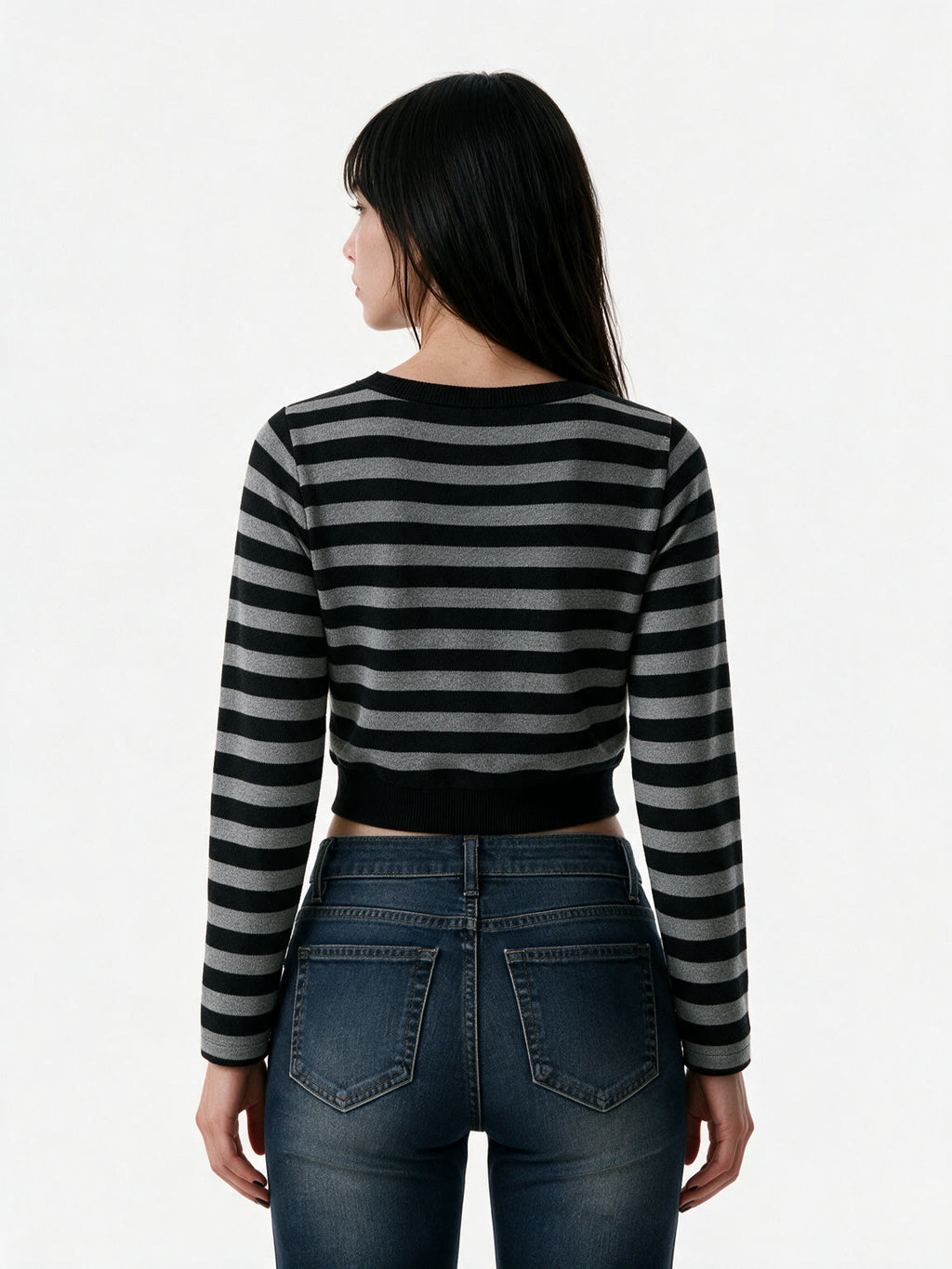 Grey and black striped cropped long sleeve top