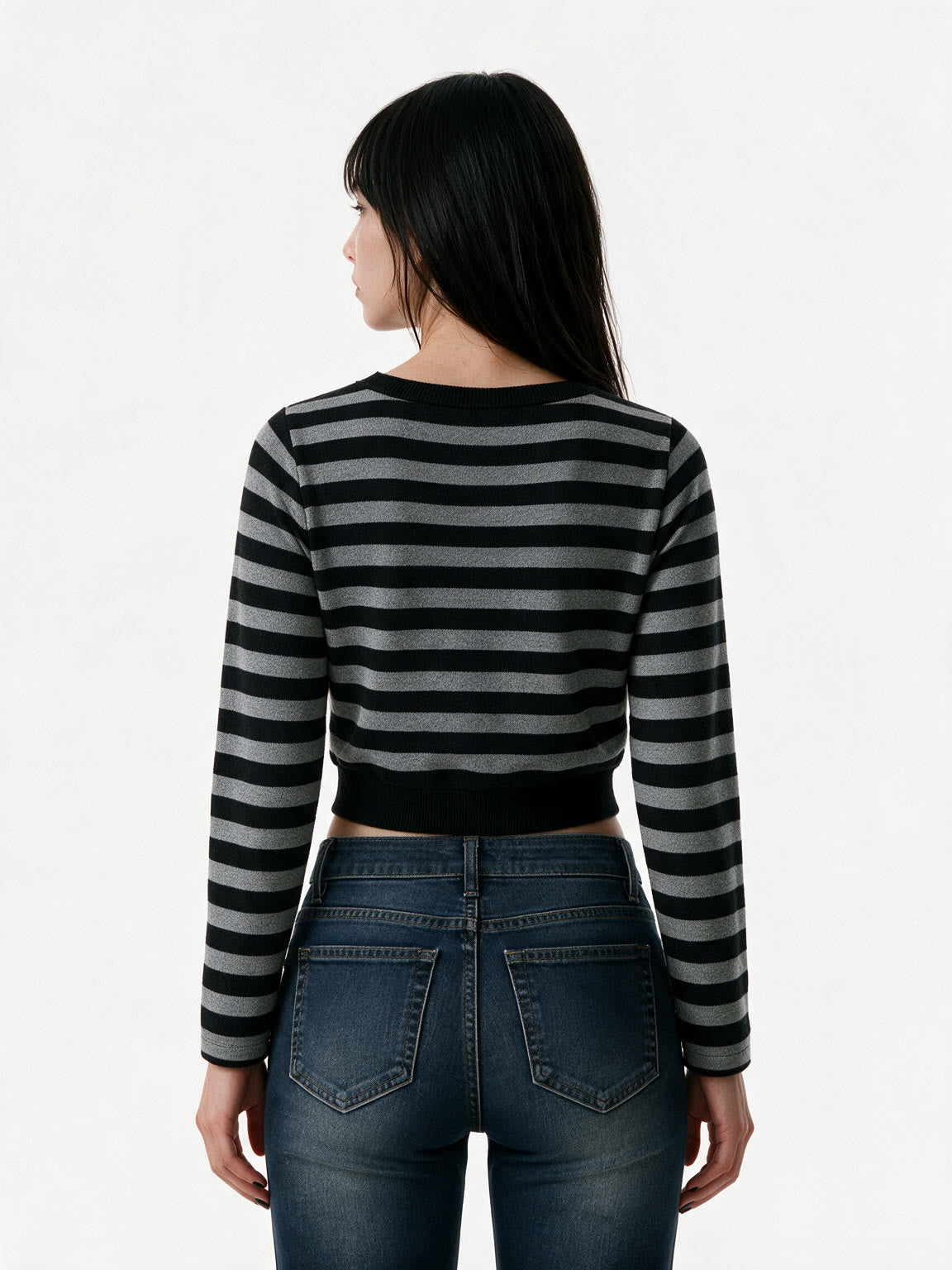 Grey and black striped cropped long sleeve top