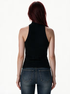 Black sleeveless high neck top with leather banding and studs