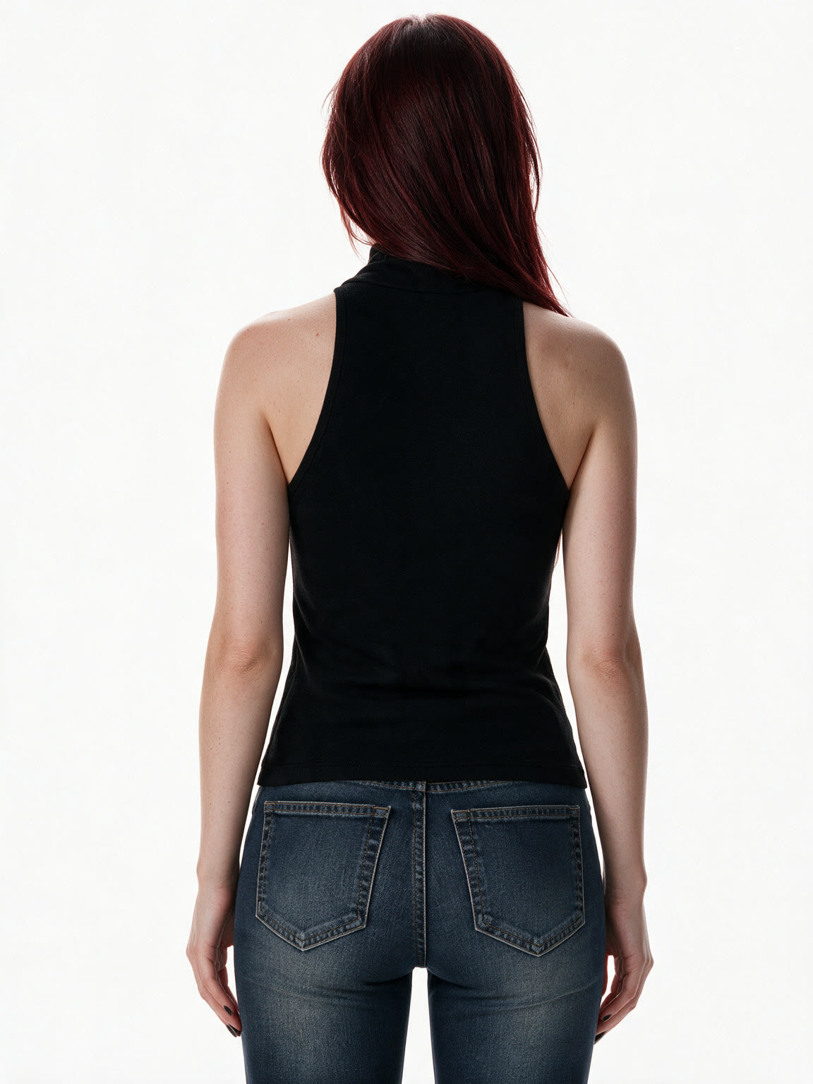 Black sleeveless high neck top with leather banding and studs