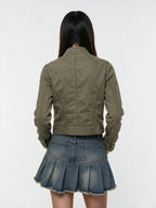 Washed army green cropped jacket with side lacing