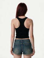 Black racer back tank with a rhinestone skull