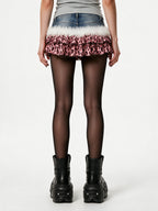 Denim mini skirt with white fur and pink leopard ruffle trim