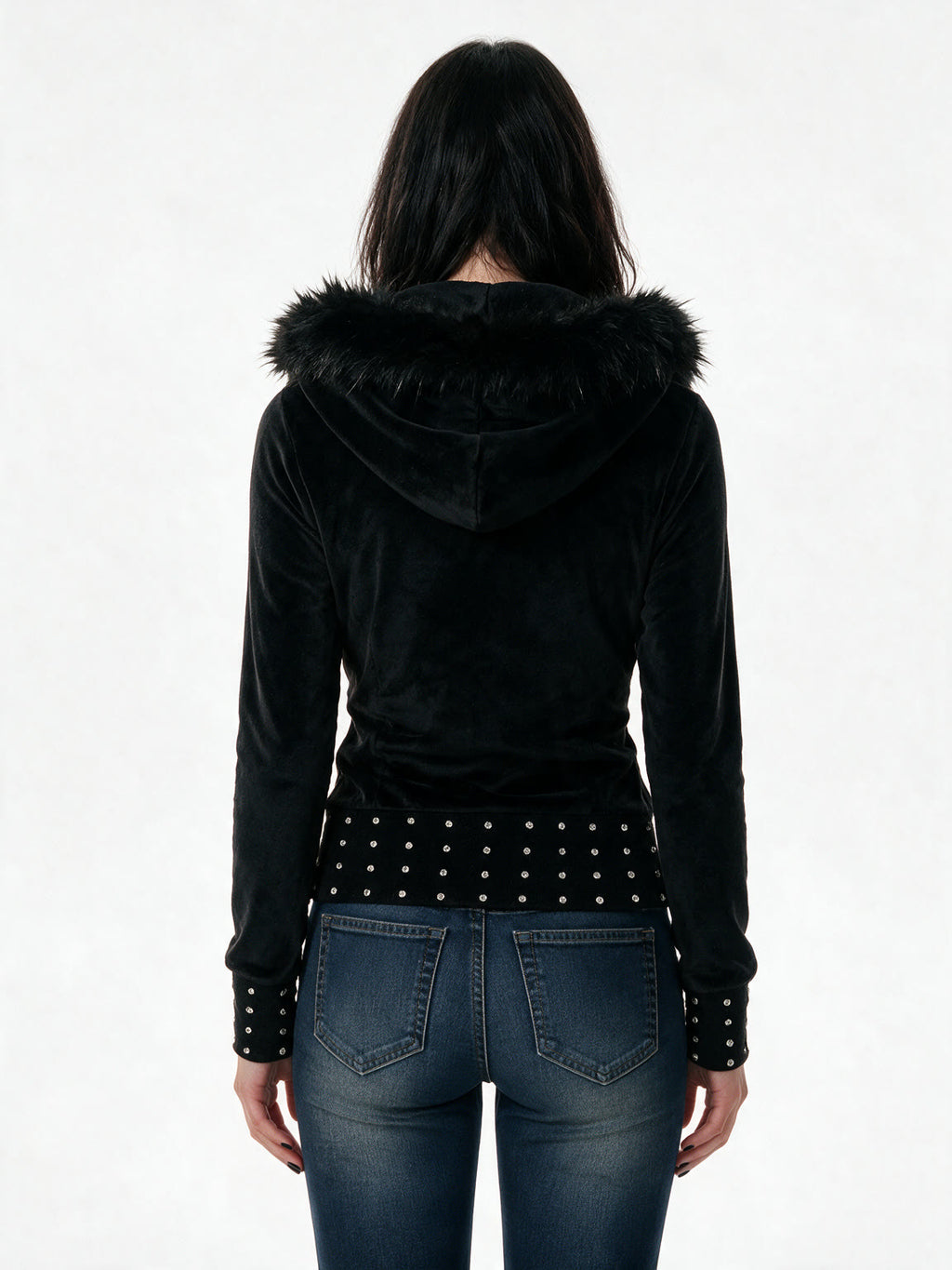 Slim black jacket with a faux fur hood and studded hem