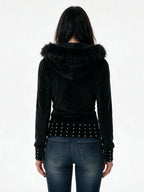 Slim black jacket with a faux fur hood and studded hem