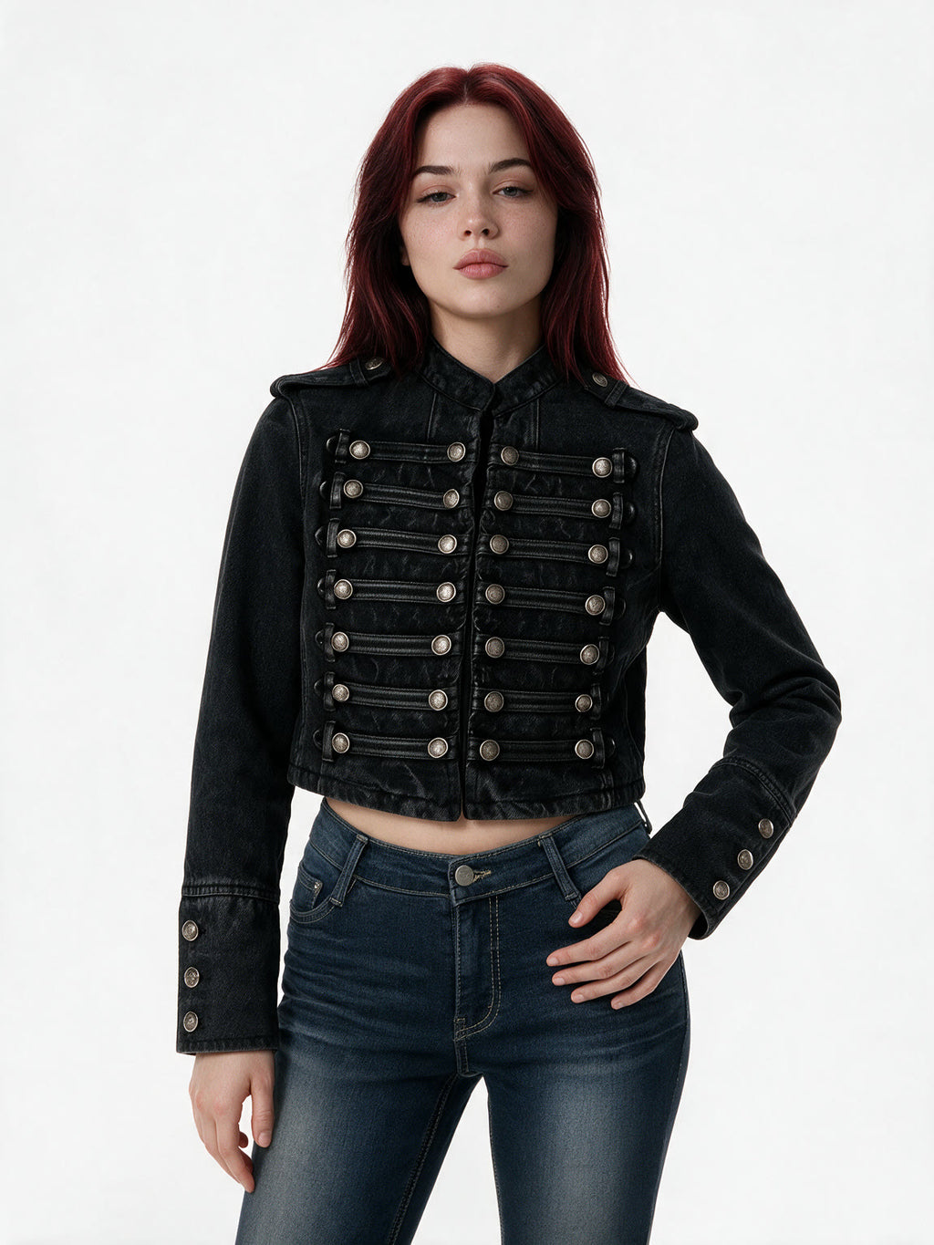 Cropped black military band jacket with braid and dome buttons