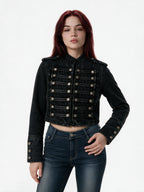 Cropped black military band jacket with braid and dome buttons