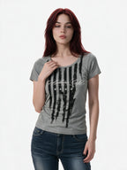 Grey baby tee with a distressed flag print