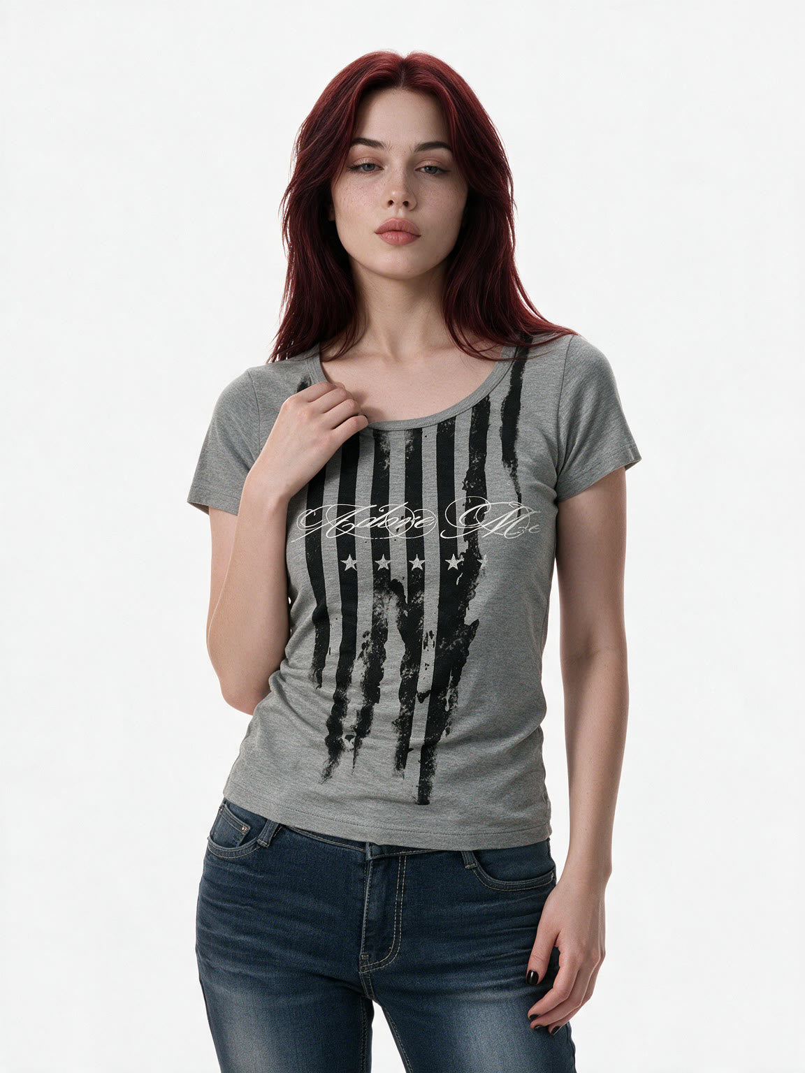 Grey baby tee with a distressed flag print