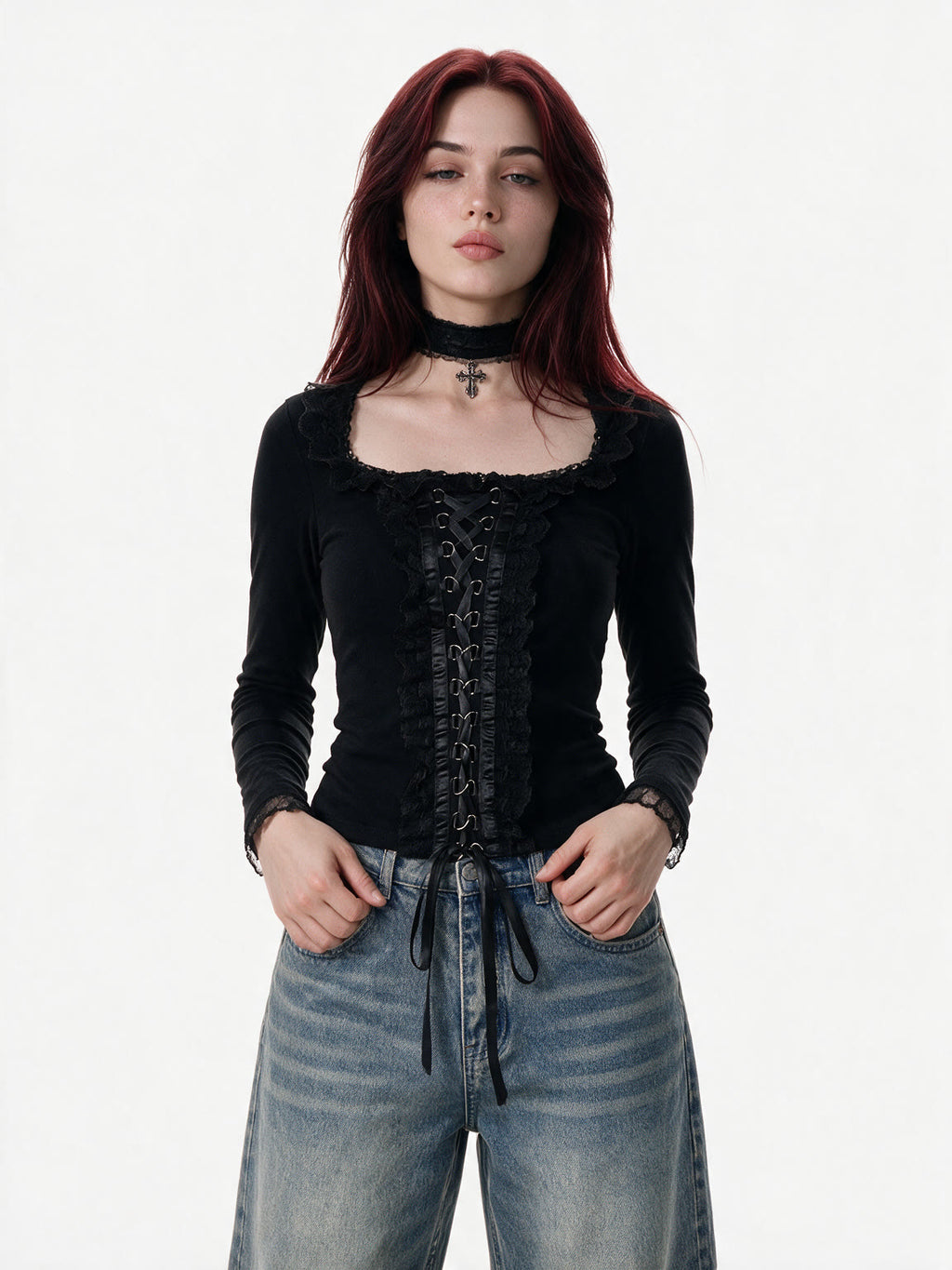 Black square collar long sleeve top with lace up front and choker