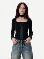 Black square collar long sleeve top with lace up front and choker