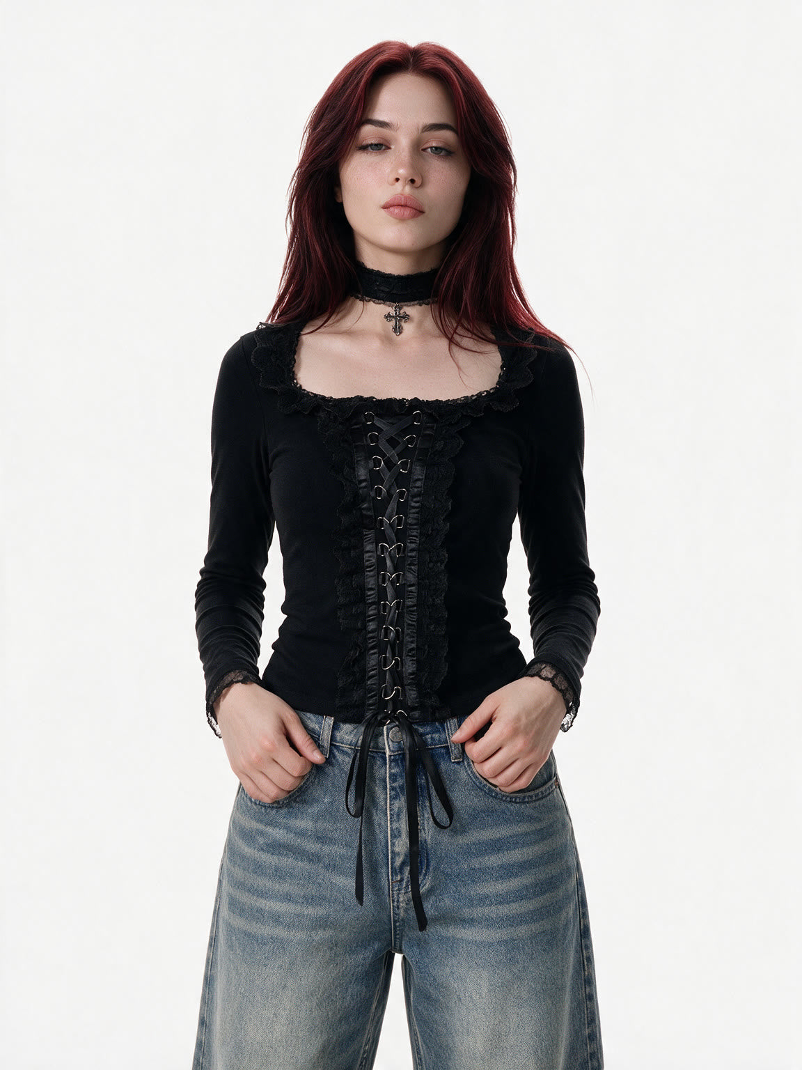 Black square collar long sleeve top with lace up front and choker