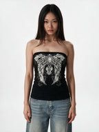 Black strapless tube top with a winged print