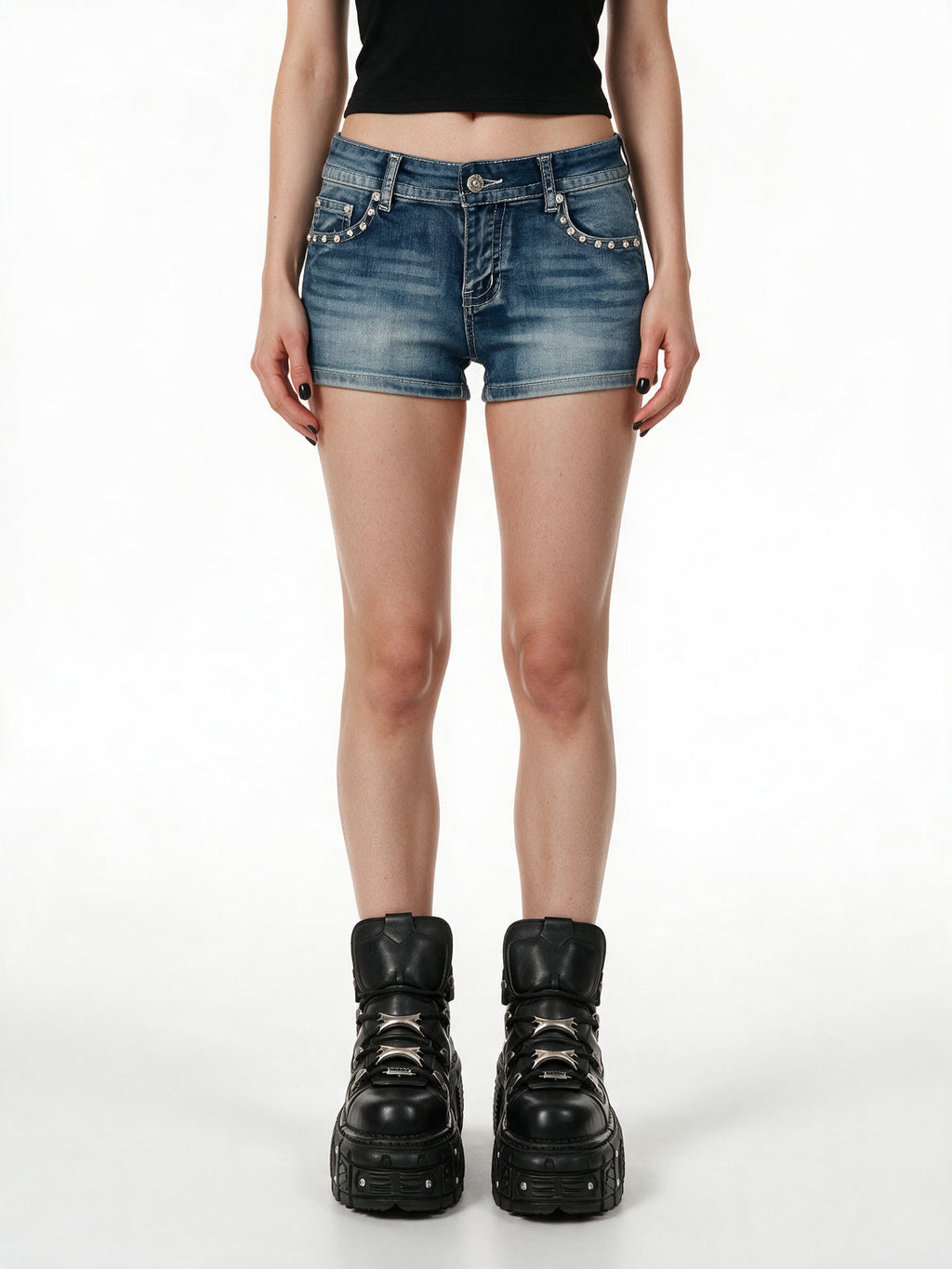 Washed blue denim shorts with rivets and winged embroidery