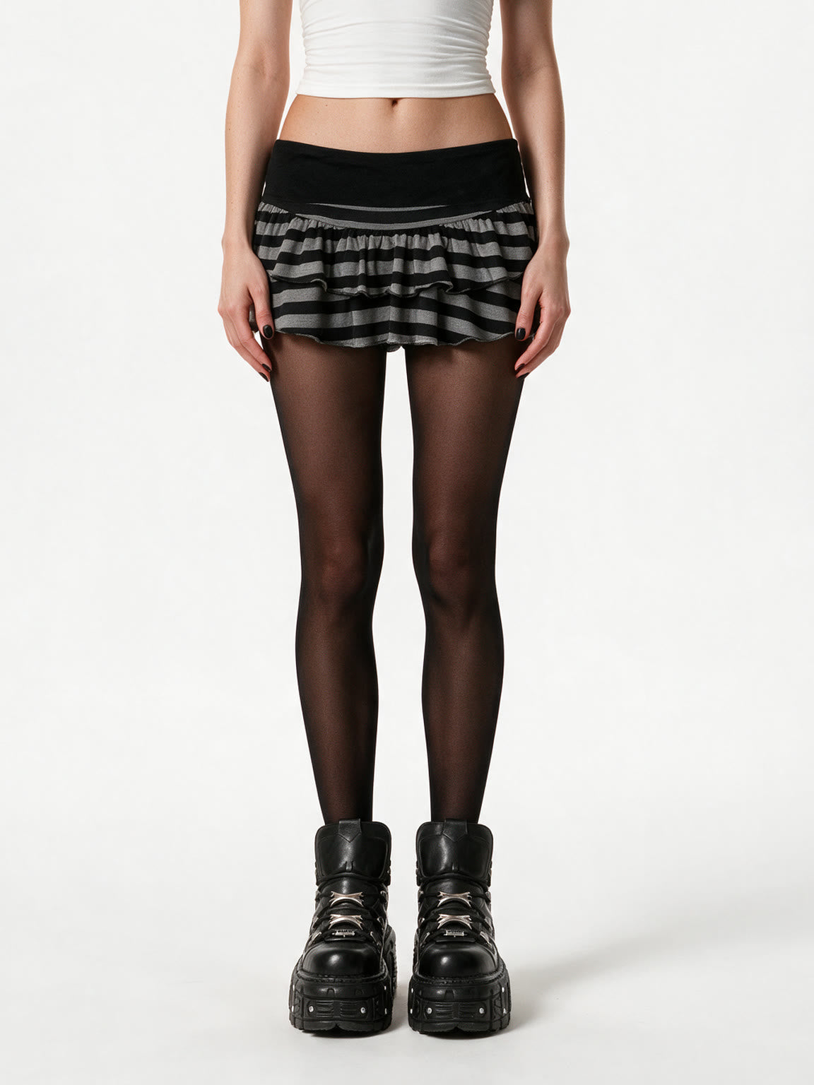 Grey and black striped tiered mini skirt