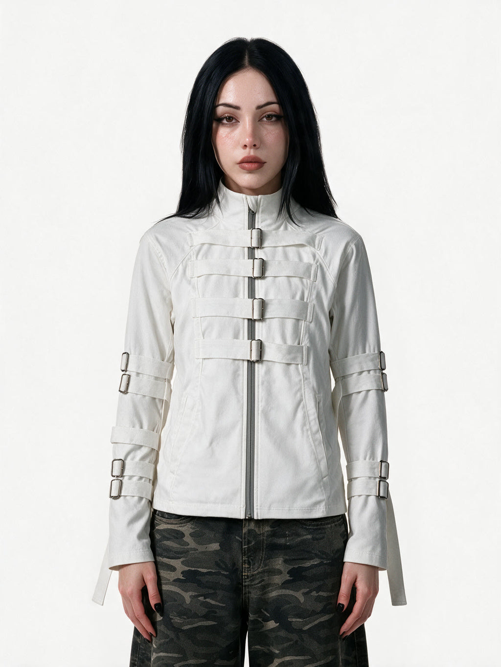 White stand collar jacket with buckle straps