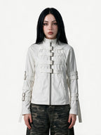 White stand collar jacket with buckle straps
