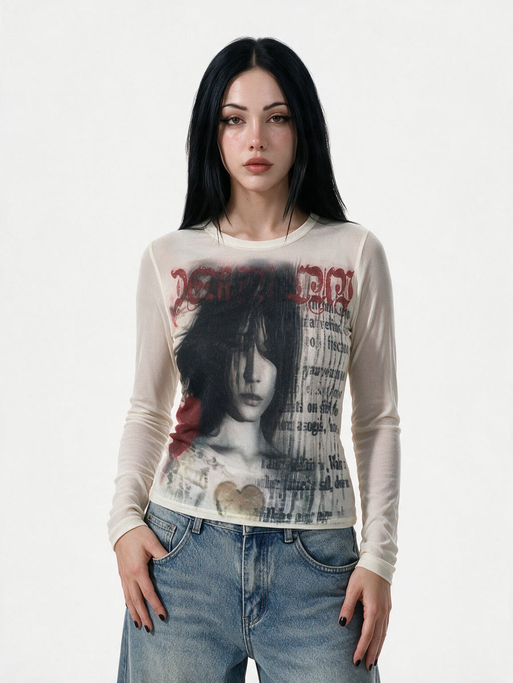 Cream long sleeve tee printed with a magazine style photo spread