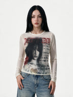 Cream long sleeve tee printed with a magazine style photo spread