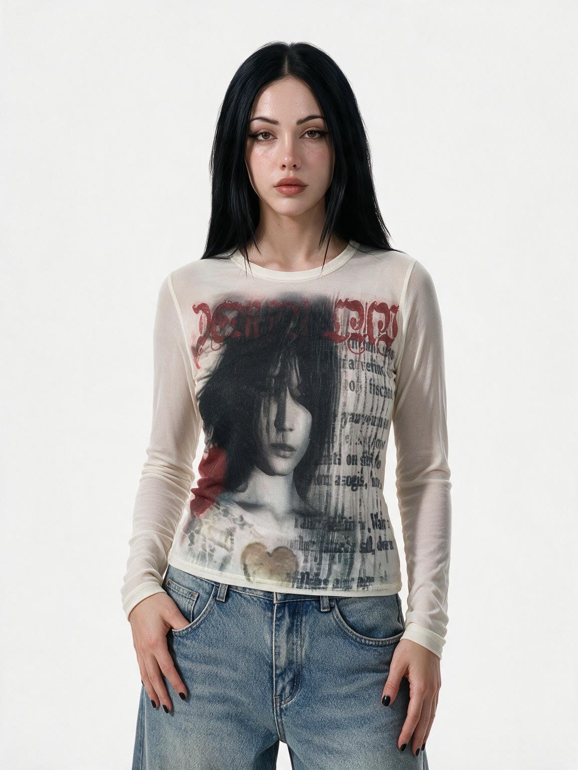 Cream long sleeve tee printed with a magazine style photo spread