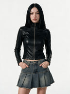 Black leather jacket with a diagonal asymmetric zip