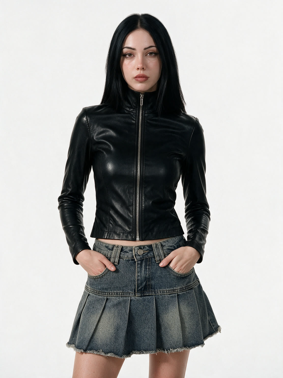 Black leather jacket with a diagonal asymmetric zip