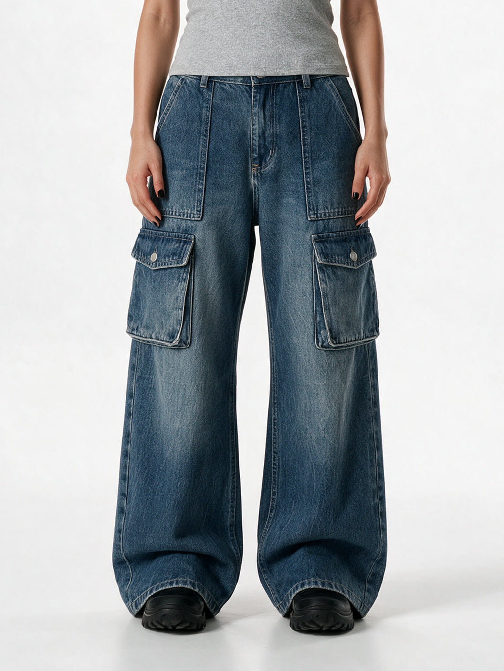 Blue baggy wide leg cargo jeans