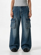 Blue baggy wide leg cargo jeans