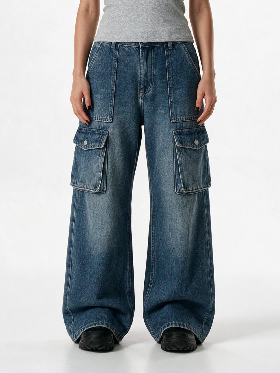 Blue baggy wide leg cargo jeans