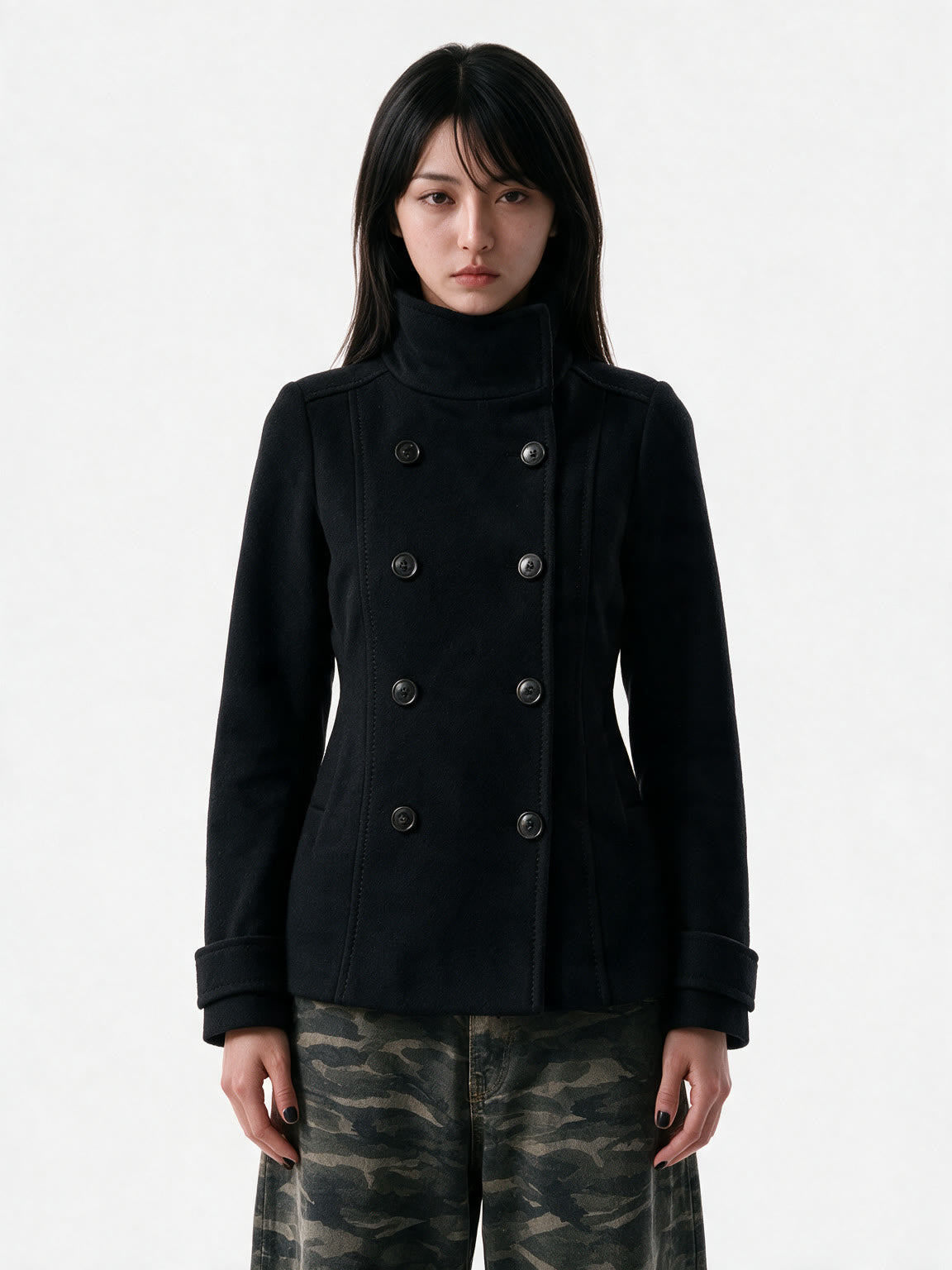 Navy cropped double breasted peacoat with a funnel collar