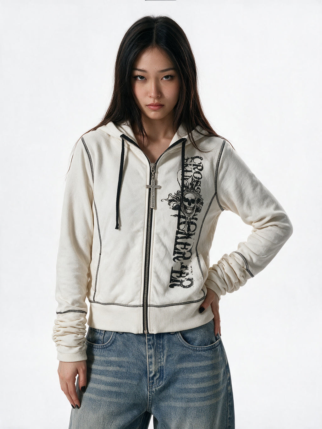 White zip hoodie with a cross print and ruched sleeves