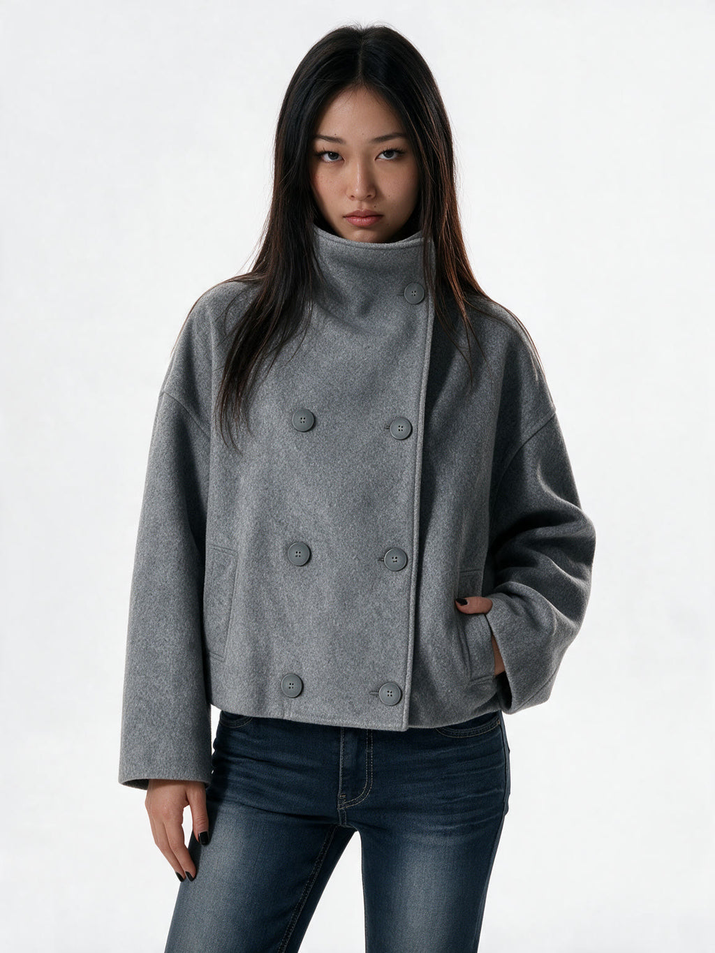 Grey cropped double breasted peacoat with a high collar