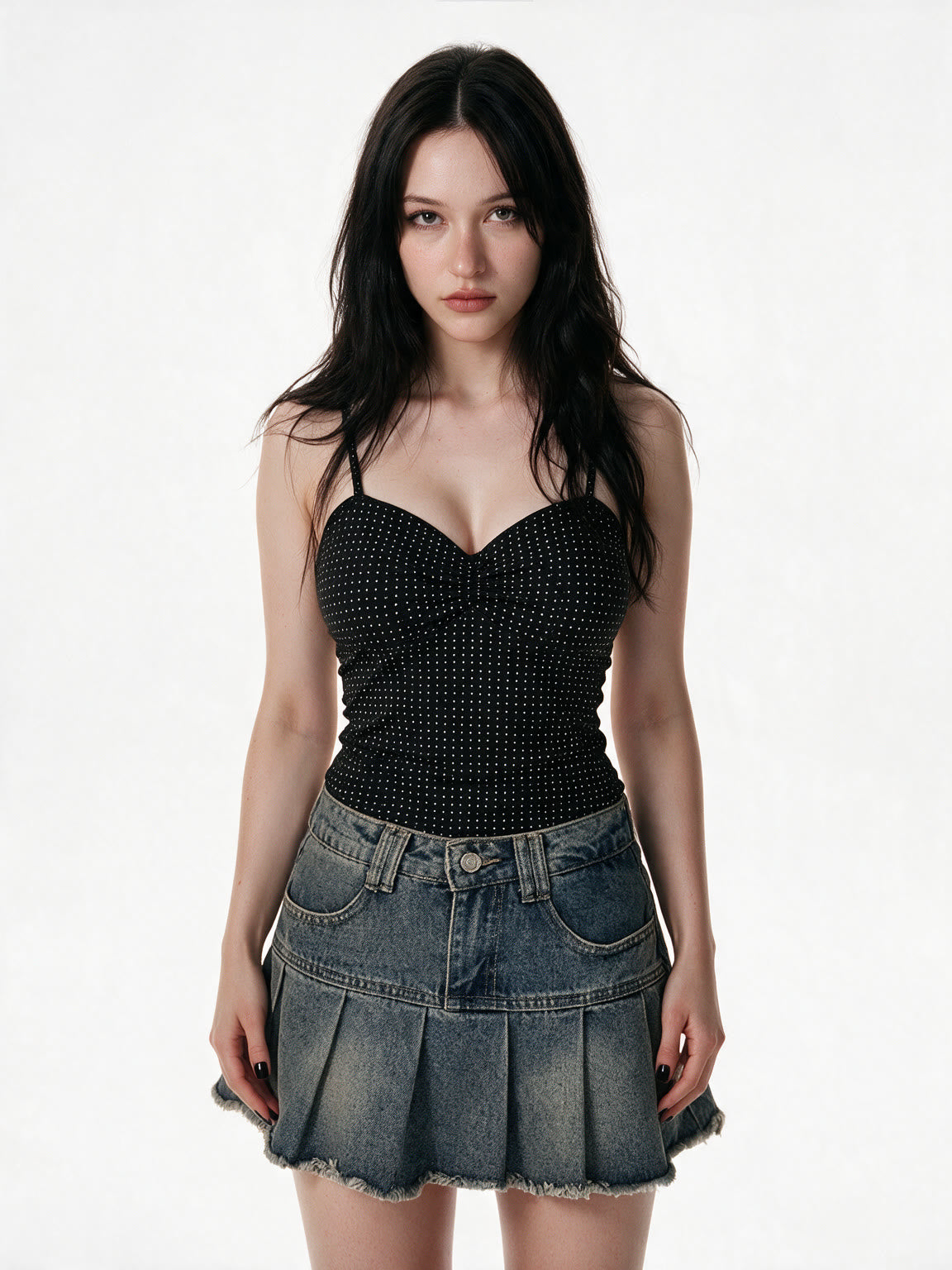 Black polka dot cami with a ruched bust