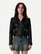 Black leather biker jacket with zip pockets and a belt