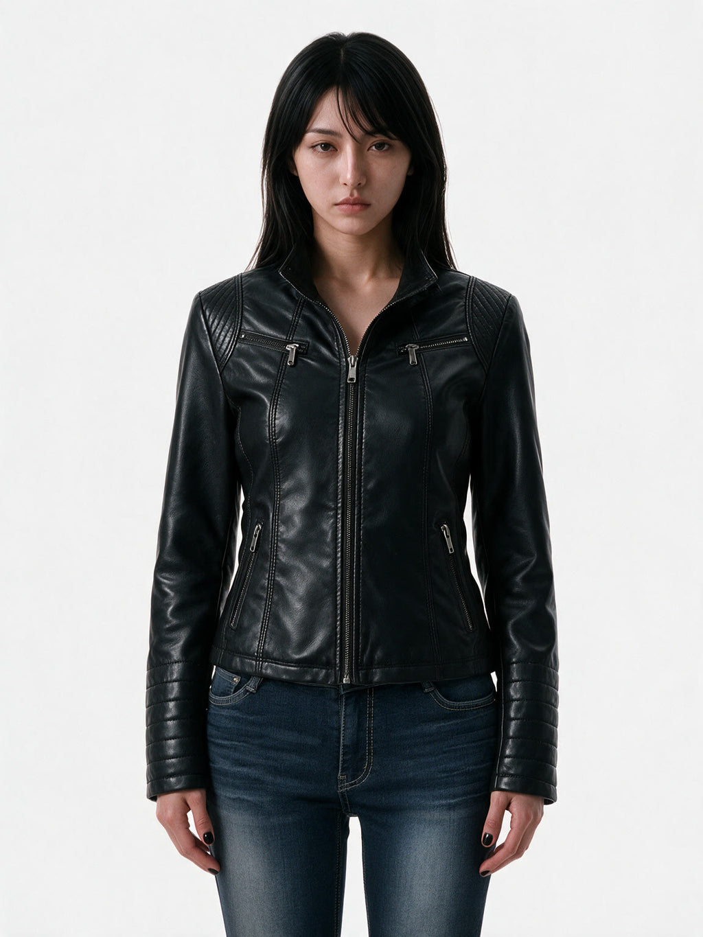 Black leather jacket with quilted shoulder panels