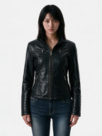 Black leather jacket with quilted shoulder panels