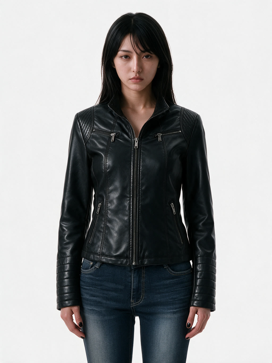 Black leather jacket with quilted shoulder panels