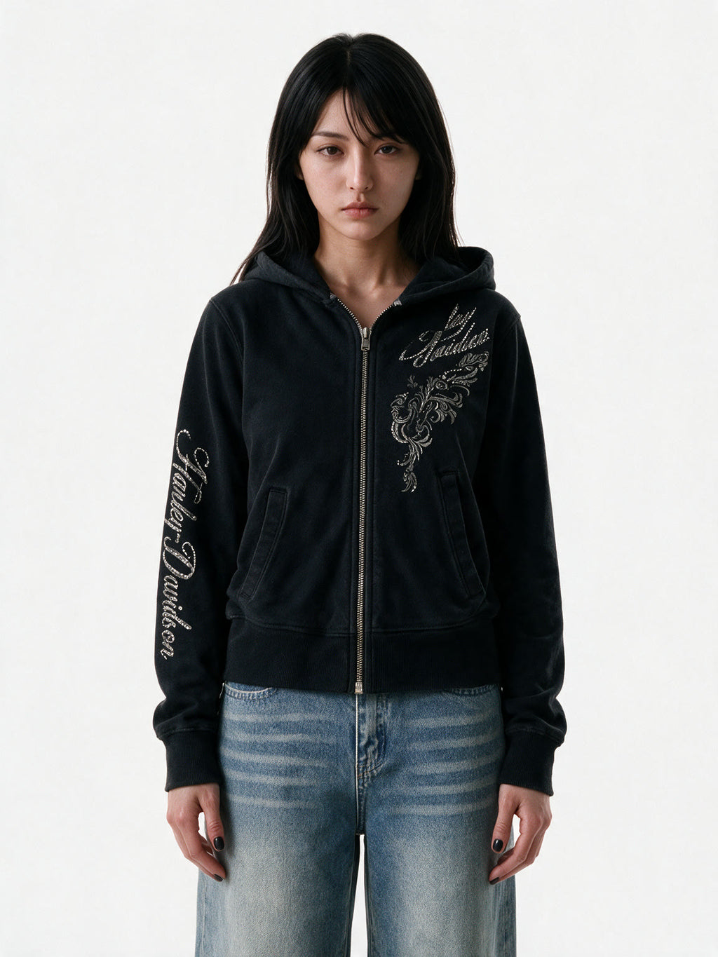 Black zip hoodie with silver embroidery