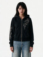 Black zip hoodie with silver embroidery