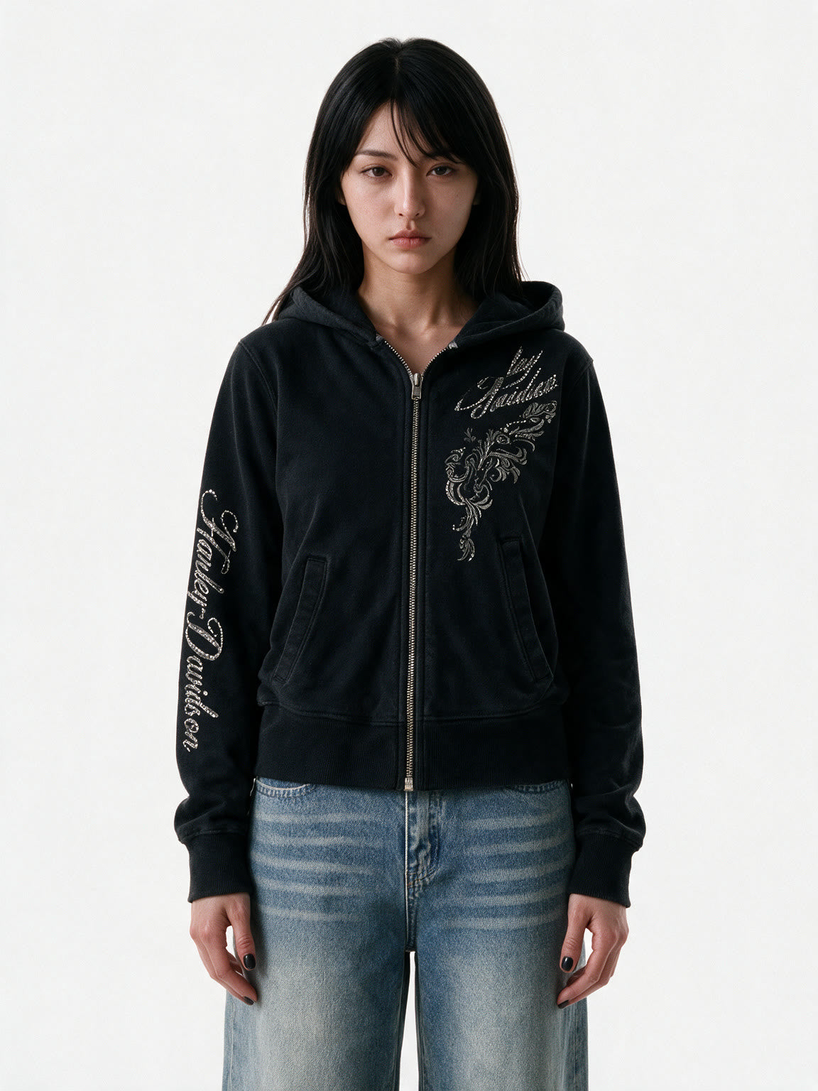 Black zip hoodie with silver embroidery