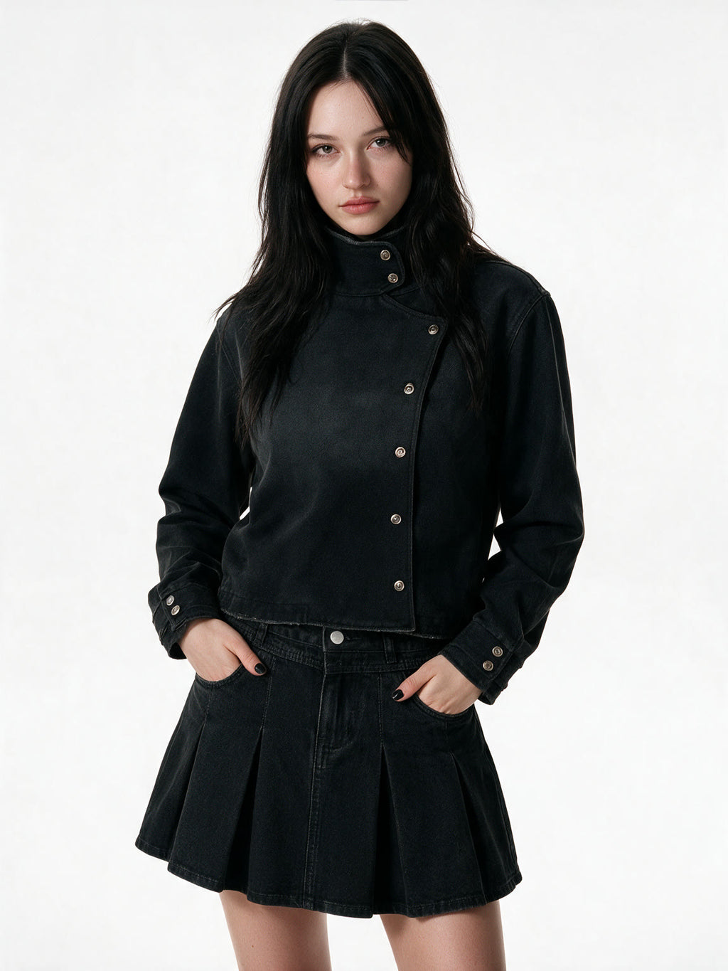 Washed black cropped fencing jacket with snap closure