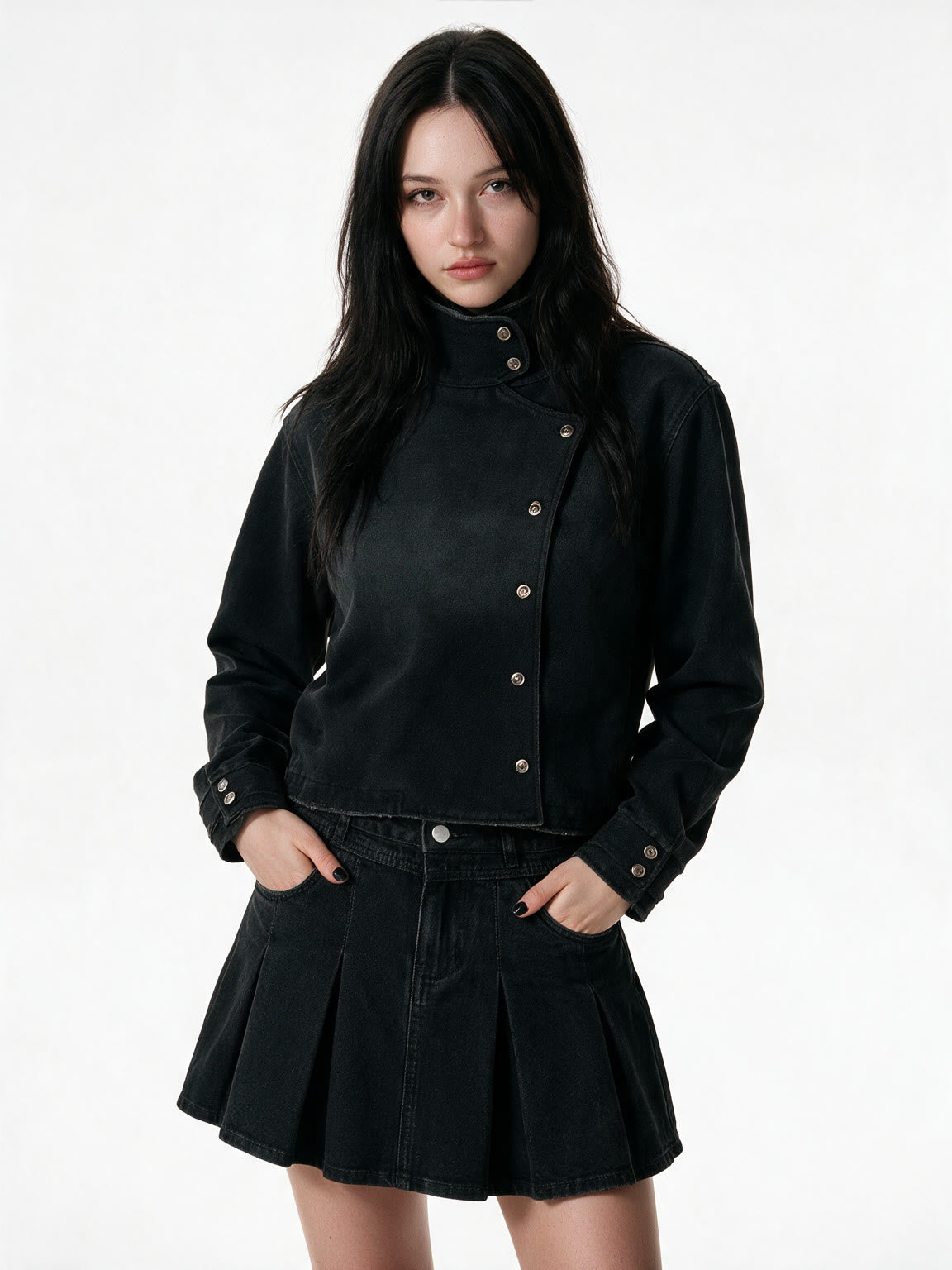 Washed black cropped fencing jacket with snap closure