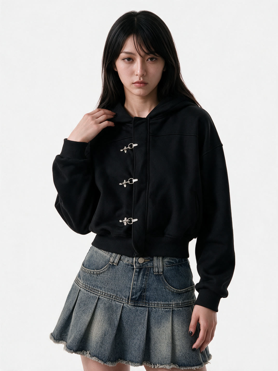Boxy black hooded sweat jacket with silver toggle clasps
